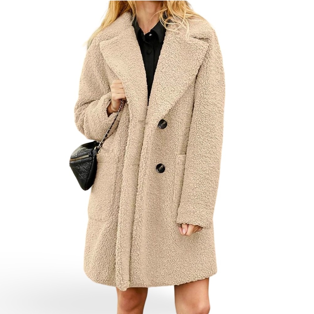 Noless Teddy Fluffy Faux Fur fuzzy tan beige double breasted coat NWOT sz Small